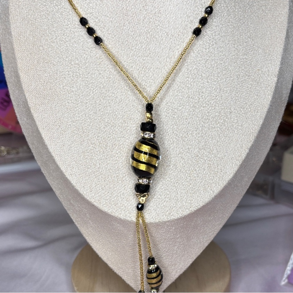 Gorgeous Black & Gold Beaded Murano Glass Necklace 25” Version 2
